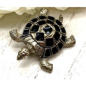 Vintage Turtle Brooch Pin Black Enamel & Silver Tone
